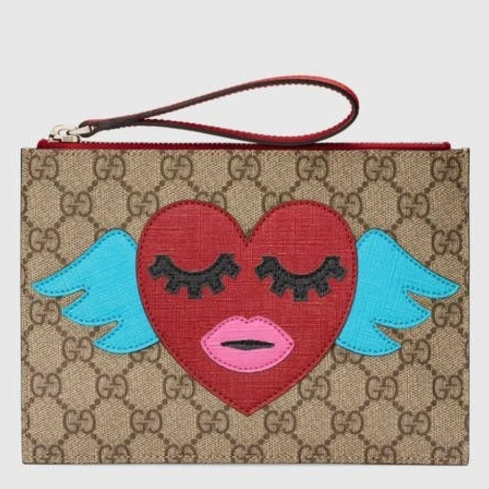 Gucci Tan Clutch with Red Heart and Blue Wings